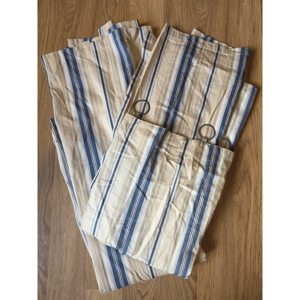 Pottery Barn Curtains 2 Panels 44x84" Cotton Blue Beige Stripe Ring Top